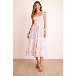 Hill House Home Midi Ellie Nap Dress Rose Botanical Floral White Pink Size Small